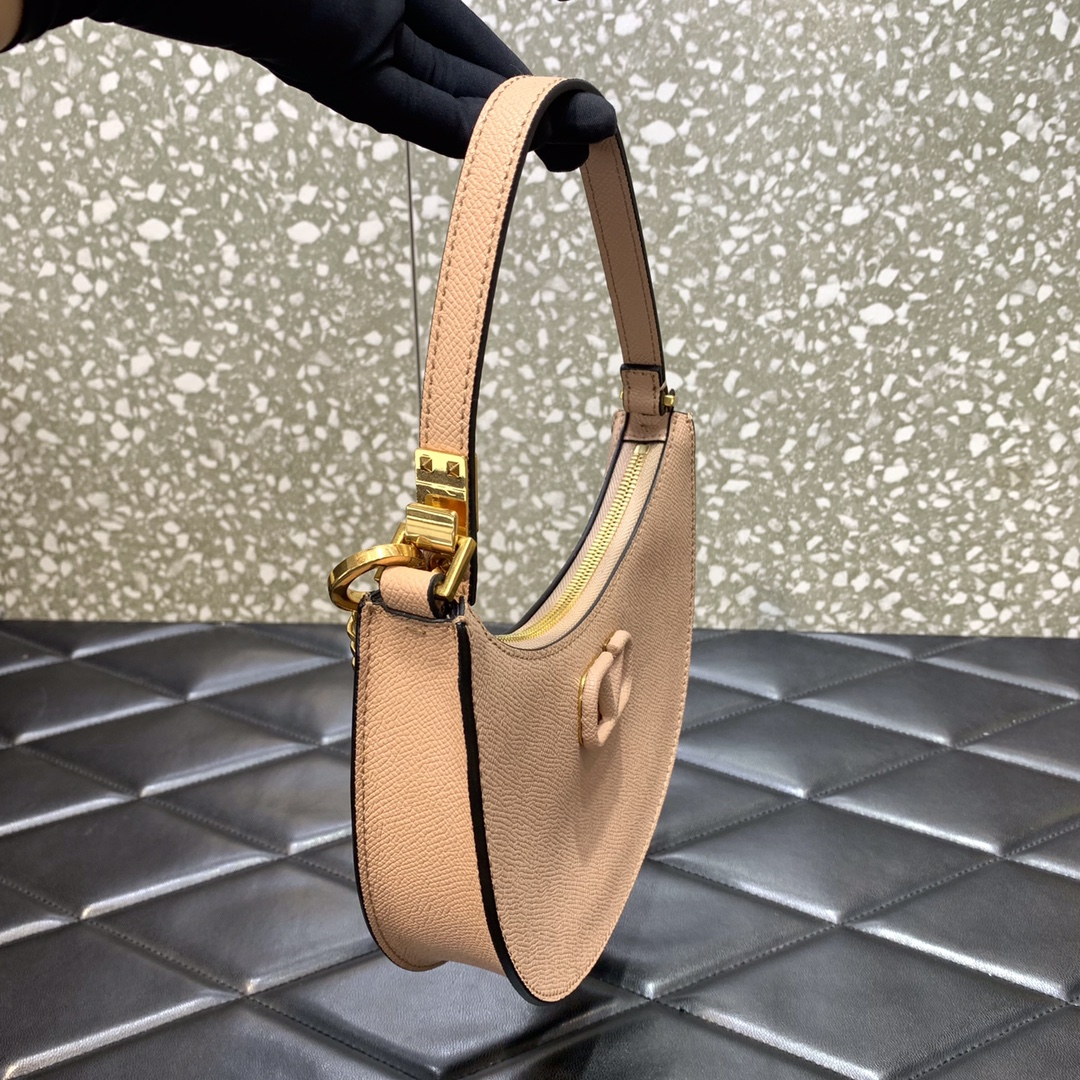 Valentino Garavani VLogo Signature Hobo Bag in Nude Grainy Calfskin Leather 